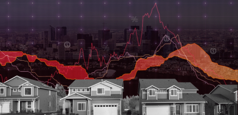 Row of houses in front of line charts