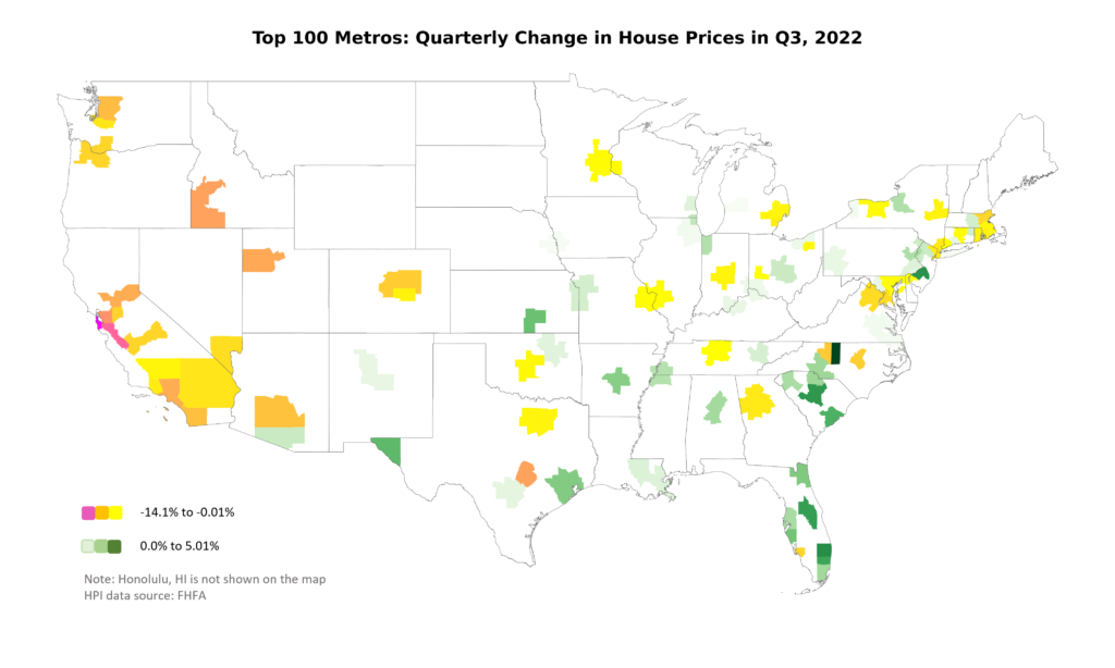 USA map showing the national average home price changes of the Top 100 Metros in Q3, 2022