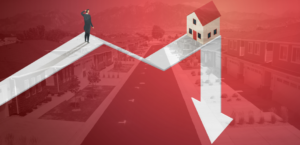 White arrow going down with housing market on red background