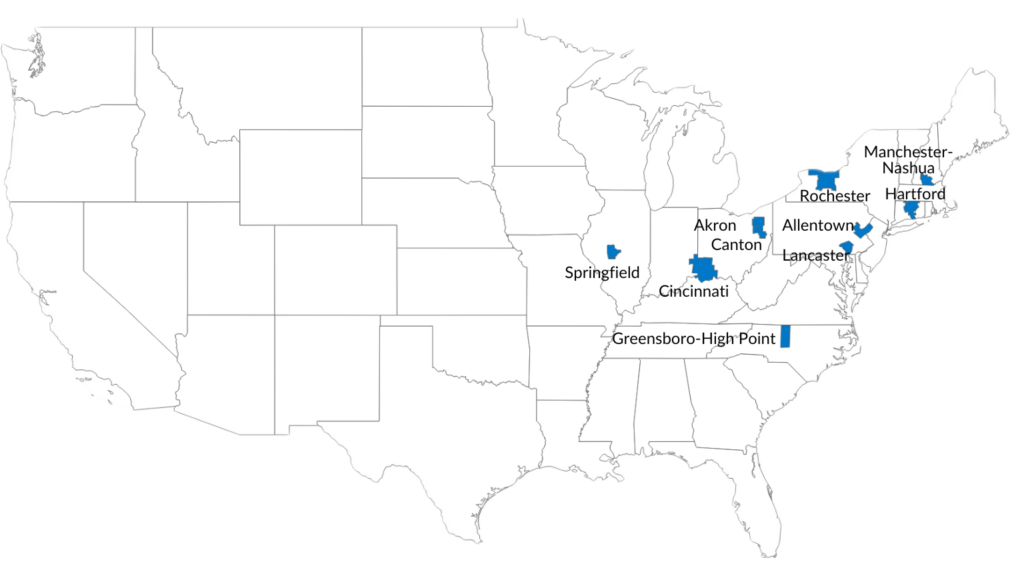 USA Map showing the Top 10 Metro Markets