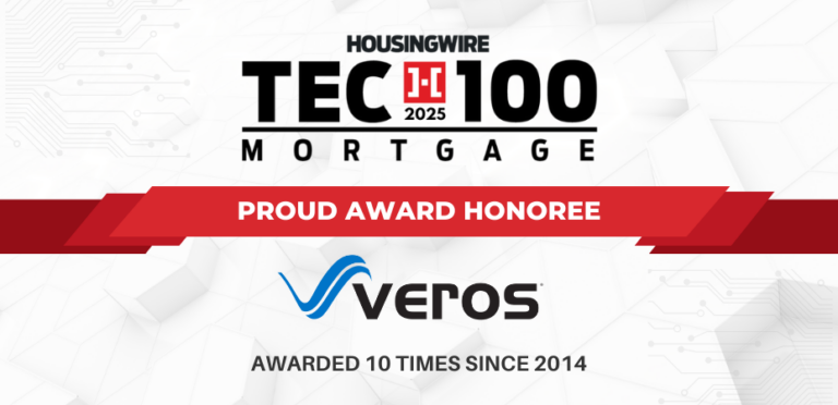 Award banner showing "Veros Honored with 2025 HousingWire Tech100 Award"