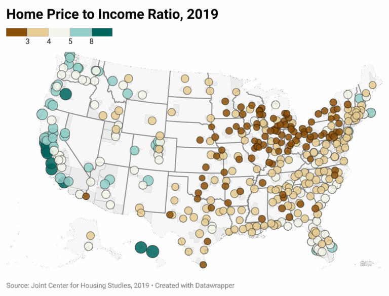 Chart of USA map with dots showing the home price to income ratio for 2019