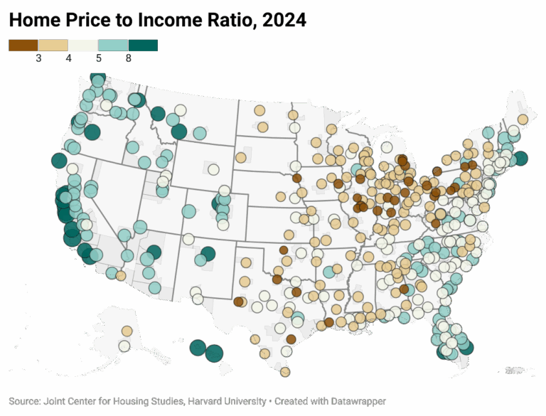 Chart of USA map with dots showing the home price to income ratio for 2024