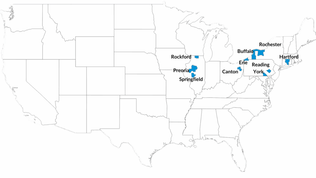 The top ten housing markets projected for the next 12 months include Rochester and Buffalo in New York; Hartford, Connecticut; Rockford, Springfield, and Peoria in Illinois; Reading, York, and Erie in Pennsylvania; and Canton, Ohio.