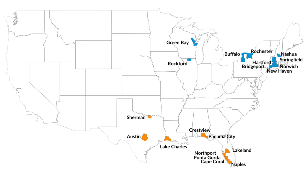 Map of USA indicating the Top 10 Hottest Markets and the Bottom 10 Markets