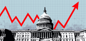 Graphic image of the White House with a growth line chart in the background