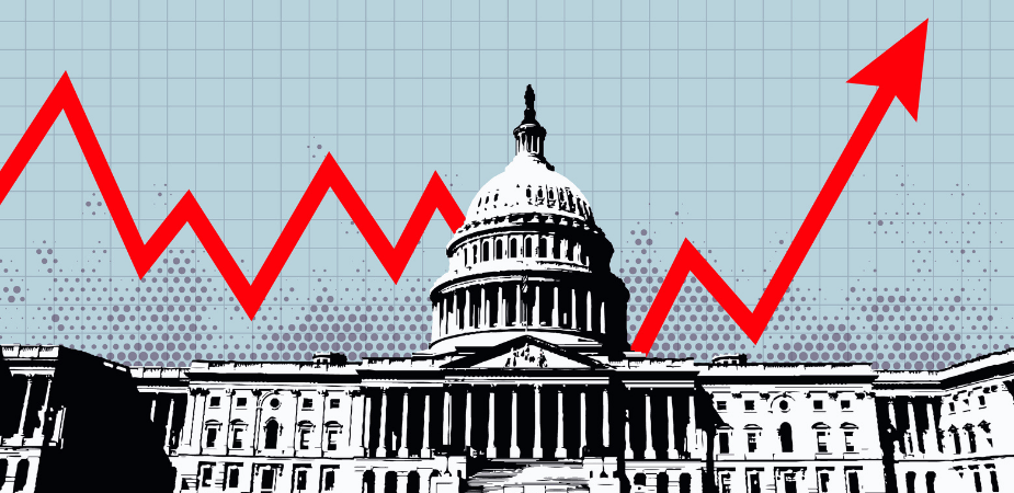 Graphic image of the White House with a growth line chart in the background