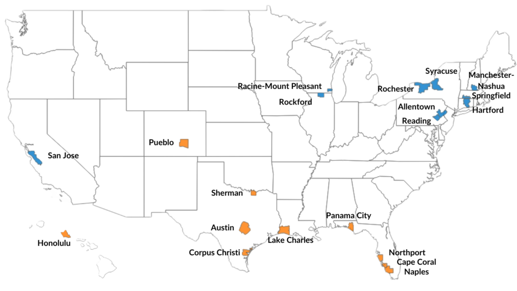 Map showing the Top 10 and Bottom Housing Markets for Q1 2026 projection