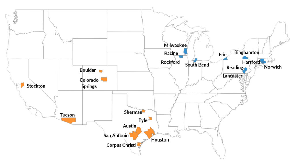 Map of the USA showing the Top 10 and Bottom 10 Metro Markets